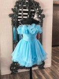 Lovely Blue Strapless A-Line Short Prom Dress, Organza Pleated Ruffle Tiered Homecoming Dress HZ1024