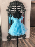Lovely Blue Strapless A-Line Short Prom Dress, Organza Pleated Ruffle Tiered Homecoming Dress HZ1024