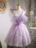 Lovely Spaghetti Strap Tulle Lace Short Prom Dress, Lavender A-Line Party Dress HZ1024