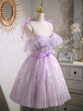 Lovely Spaghetti Strap Tulle Lace Short Prom Dress, Lavender A-Line Party Dress HZ1024