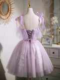 Lovely Spaghetti Strap Tulle Lace Short Prom Dress, Lavender A-Line Party Dress HZ1024