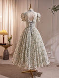 Beautiful Beading Pearl Sequins Green Prom Dresses, High Neckline Tea Length Sage Green Party Dress HZ1024
