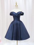 Blue V-neckline Satin Off Shoulder Party Dress, A-Line Blue Short Evening Prom Dress HZ1024