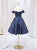 Blue V-neckline Satin Off Shoulder Party Dress, A-Line Blue Short Evening Prom Dress HZ1024