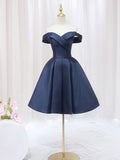 Blue V-neckline Satin Off Shoulder Party Dress, A-Line Blue Short Evening Prom Dress HZ1024