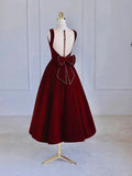 Burgundy Tea Length Velvet Prom Dress with Bowknot, Burgundy Evening Party Dress HZ1024