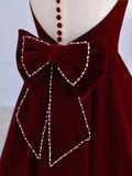 Burgundy Tea Length Velvet Prom Dress with Bowknot, Burgundy Evening Party Dress HZ1024