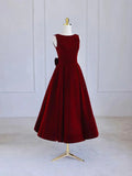 Burgundy Tea Length Velvet Prom Dress with Bowknot, Burgundy Evening Party Dress HZ1024