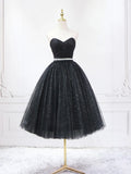 Black Shiny Tulle Tea Length Prom Dress, Black Strapless A-Line Party Dress HZ1024