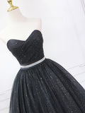 Black Shiny Tulle Tea Length Prom Dress, Black Strapless A-Line Party Dress HZ1024