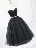 Black Shiny Tulle Tea Length Prom Dress, Black Strapless A-Line Party Dress HZ1024