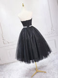 Black Shiny Tulle Tea Length Prom Dress, Black Strapless A-Line Party Dress HZ1024