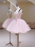 Pink Tulle Sequins Sweetheart Short Prom Dress, Pink Straps Party Dress HZ1024