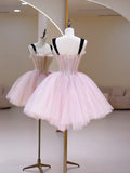 Pink Tulle Sequins Sweetheart Short Prom Dress, Pink Straps Party Dress HZ1024