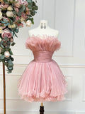 Pink Strapless Tulle Short Prom Dress, Cute A-Line Homecoming Dress HZ1024