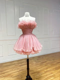 Pink Strapless Tulle Short Prom Dress, Cute A-Line Homecoming Dress HZ1024