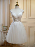 Ivory V-Neck Lace Straps Party Dress, Ivory Knee Length Prom Dress HZ1024
