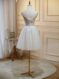 Ivory V-Neck Lace Straps Party Dress, Ivory Knee Length Prom Dress HZ1024