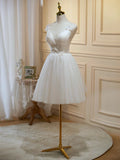 Ivory V-Neck Lace Straps Party Dress, Ivory Knee Length Prom Dress HZ1024