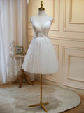 Ivory V-Neck Lace Straps Party Dress, Ivory Knee Length Prom Dress HZ1024