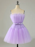 Purple Strapless Tulle Knee Length Party Dress, A-Line Homecoming Dress HZ1024