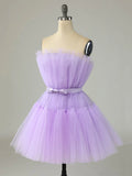 Purple Strapless Tulle Knee Length Party Dress, A-Line Homecoming Dress HZ1024
