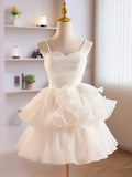 White Tulle Sweetheart Short Prom Dress, White Tulle Straps Party Dress HZ1024