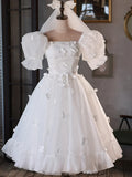 White Tulle Short A-Line Prom Dress, Cute Puff Sleeve Party Dress HZ1024