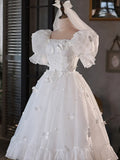 White Tulle Short A-Line Prom Dress, Cute Puff Sleeve Party Dress HZ1024