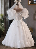 White Tulle Short A-Line Prom Dress, Cute Puff Sleeve Party Dress HZ1024
