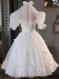 White Tulle Short A-Line Prom Dress, Cute Puff Sleeve Party Dress HZ1024