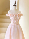Pink Tulle Beaded Tea Length Prom Dress, Pink A-Line Off Shoulder Party Dress HZ1024