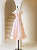 Pink Tulle Beaded Tea Length Prom Dress, Pink A-Line Off Shoulder Party Dress HZ1024