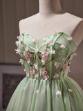 Green Tulle Beaded Party Dress, Green Short Prom Dress with Flowers HZ1024