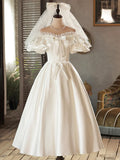 White Satin Lace Short Prom Dress, White Evening Dress, Wedding Dress HZ1024