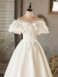 White Satin Lace Short Prom Dress, White Evening Dress, Wedding Dress HZ1024