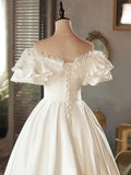 White Satin Lace Short Prom Dress, White Evening Dress, Wedding Dress HZ1024
