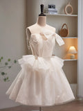 Champagne Spaghetti Strap Tulle Short Prom Dress, Cute A-Line Homecoming Dress HZ1024