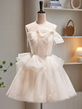 Champagne Spaghetti Strap Tulle Short Prom Dress, Cute A-Line Homecoming Dress HZ1024