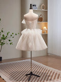 Champagne Spaghetti Strap Tulle Short Prom Dress, Cute A-Line Homecoming Dress HZ1024