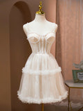 Champagne Spaghetti Strap Party Dress, Cute A-Line Evening Dress with Pearls HZ1024