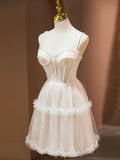 Champagne Spaghetti Strap Party Dress, Cute A-Line Evening Dress with Pearls HZ1024