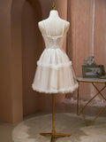 Champagne Spaghetti Strap Party Dress, Cute A-Line Evening Dress with Pearls HZ1024