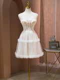 Champagne Spaghetti Strap Party Dress, Cute A-Line Evening Dress with Pearls HZ1024