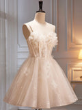 Champagne Spaghetti Strap Party Dress, Cute A-Line Evening Dress Homecoming Dress HZ1024