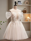 Champagne Tulle Sequins Short Prom Dress, Cute A-Line Homecoming Dress HZ1024