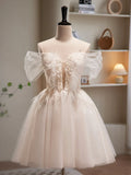 Champagne Tulle Sequins Short Prom Dress, Cute A-Line Homecoming Dress HZ1024
