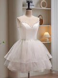 White Spaghetti Strap Tulle Short Prom Dress, Cute A-Line Party Dress HZ1024