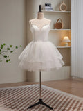White Spaghetti Strap Tulle Short Prom Dress, Cute A-Line Party Dress HZ1024