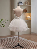 White Spaghetti Strap Tulle Short Prom Dress, Cute A-Line Party Dress HZ1024